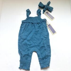 NEW L'ovedbaby Pacific Blue Organic Cotton Muslin Romper & Headband